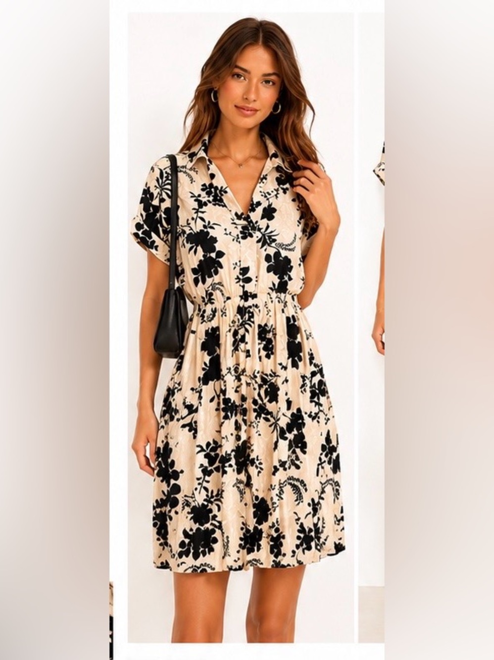 Icône Floral Shirt Dress Black Cream Jacquard Rayon Mini Dress Romantic Chic XS